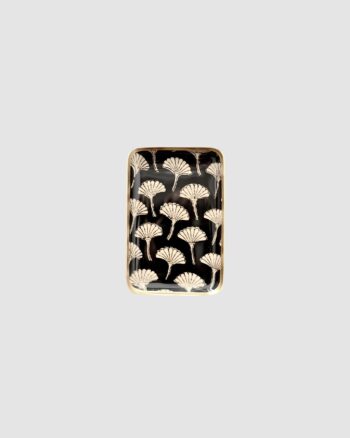 Plateau rectangulaire Boncoeurs Ginko en aluminium émaillé noir motif ginko avec bordure dorée