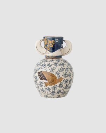 Vase Hezha Bloomingville en grès bleu motif oiseau