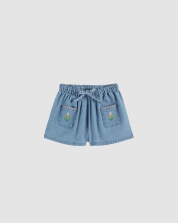 short denim enfant Émile et Ida bleu clair poches brodées tulipe