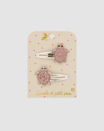 Barrettes Lulu la Tortue Luciole et Petit Pois rose pailleté