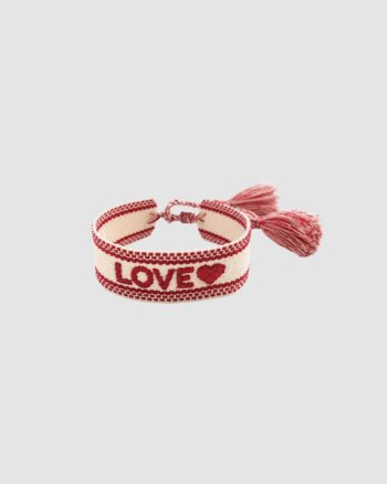 Bracelet tissu Love femme rouge et écru ajustable avec inscription LOVE brodée