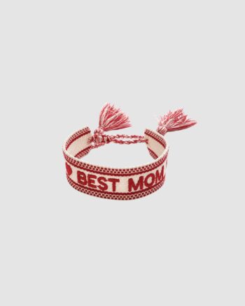 Bracelet tissu Best Mom rouge et écru ajustable avec inscription BEST MOM brodée