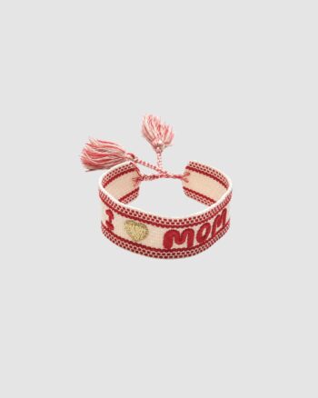 Bracelet tissu I Love Mom rouge écru et doré ajustable avec cœur brodé