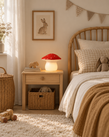 Lampe champignon moyenne rouge dans une chambre enfant