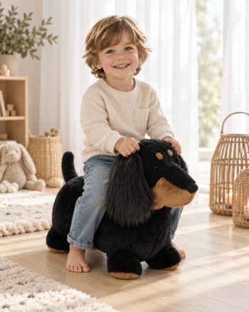 Chien teckel animal sauteur Wild & Soft avec enfant dans une chambre