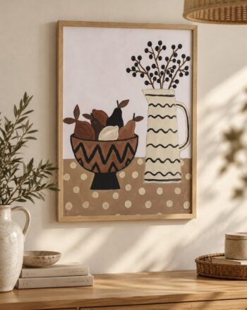Tableau Nature Fruitée Opjet dans un salon avec buffet en bois