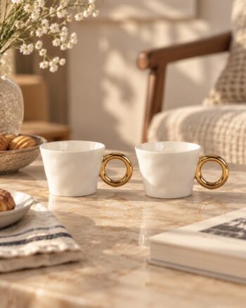 Set de 2 tasses Matins Câlins blanc Opjet sur une table avec fleurs