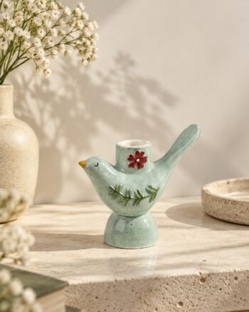 Bougeoir oiseau Opjet vert d’eau avec fleur rouge sur une console