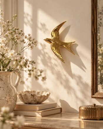 Décoration murale hirondelle dorée Opjet sur un mur beige dans un intérieur chaleureux