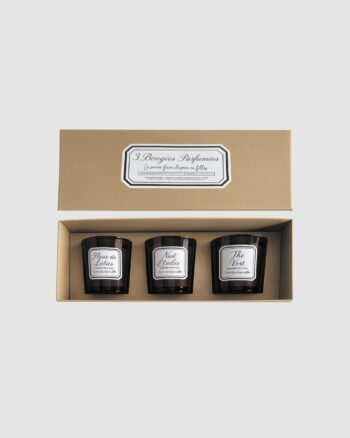 Coffret de 3 bougies parfumées OPJET Paris, Fleur de Lotus, Nuit Étoilée et Thé Vert, dans leur boîte kraft avec couvercle assorti.