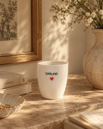 Gobelet message Darling Opjet posé sur une console en pierre dans une décoration chaleureuse aux tons naturels.